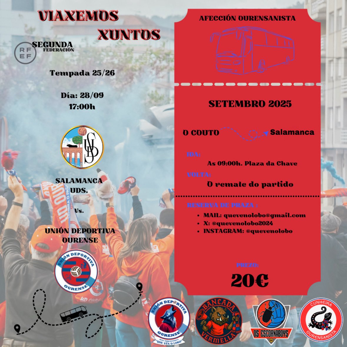📣 Viaxe a Salamanca coas peñas da UD Ourense!

🗓️ 28 de setembro
🚌 Saída: 9:00h dende Praza da Chave
⚽ Partido ás 17:00h
↩️ Volta ao rematar o encontro
💶 Prezo: 20€

Vive o partido e anima á UD Ourense dende a bancada visitante!

✍️ Reserva a túa praza xa