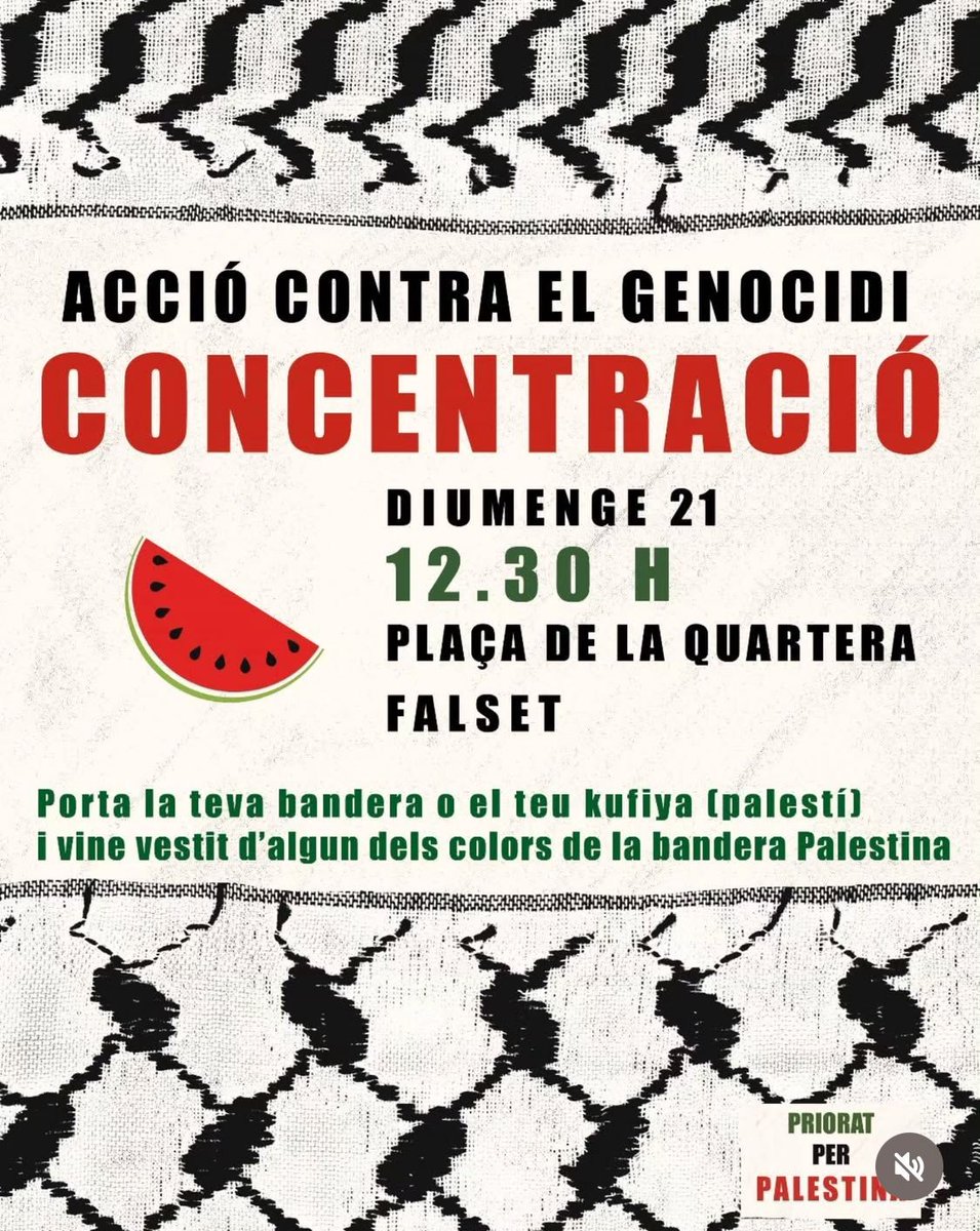 Aquest diumenge, 21 de setembre, concentració a Falset per solidaritzar-se amb el poble palestí i denunciar el genocidi de l'Estat d'Israel.
#FreePalestine 
#StopGazaGenocide
#BoicotIsrael