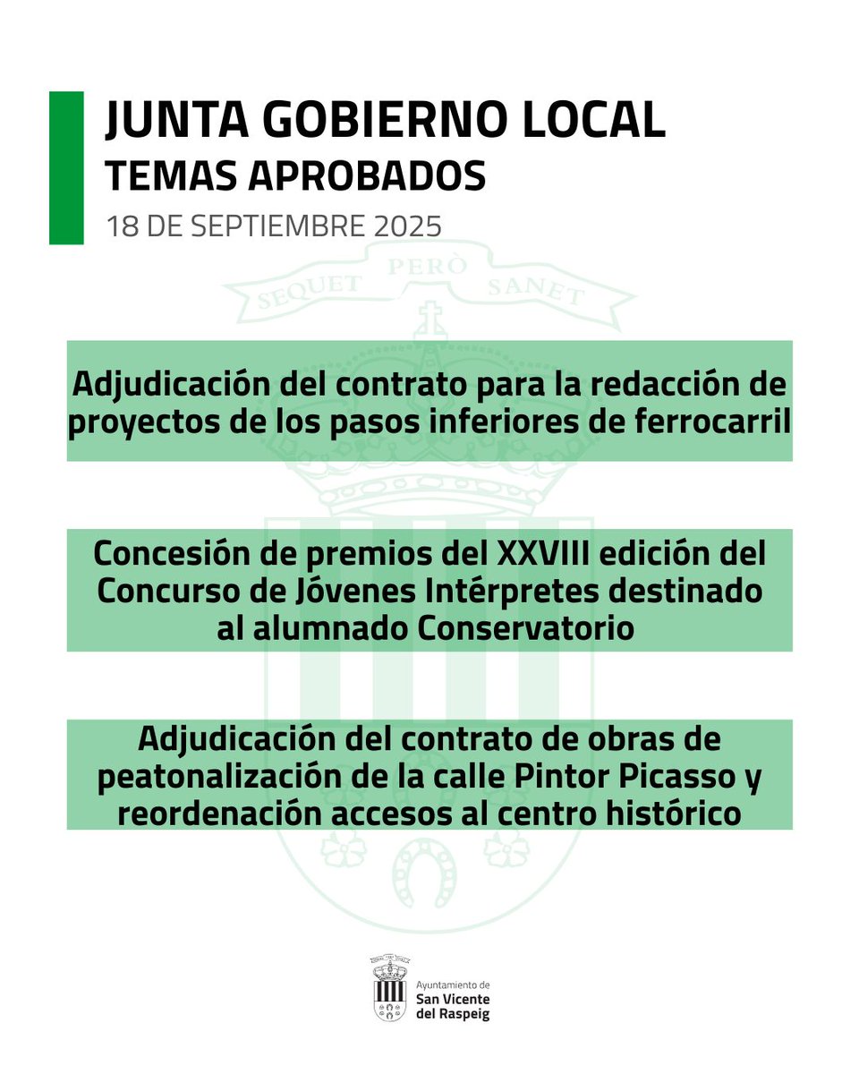 Junta de Gobierno Local | 18 de septiembre

👉 Compartimos algunas de las decisiones aprobadas por la Junta de Gobierno Local del Ayuntamiento de San Vicente del Raspeig 

✅ Seguimos trabajando por un San Vicente más cercano, eficiente y comprometido con sus ciudadanos 🤝
