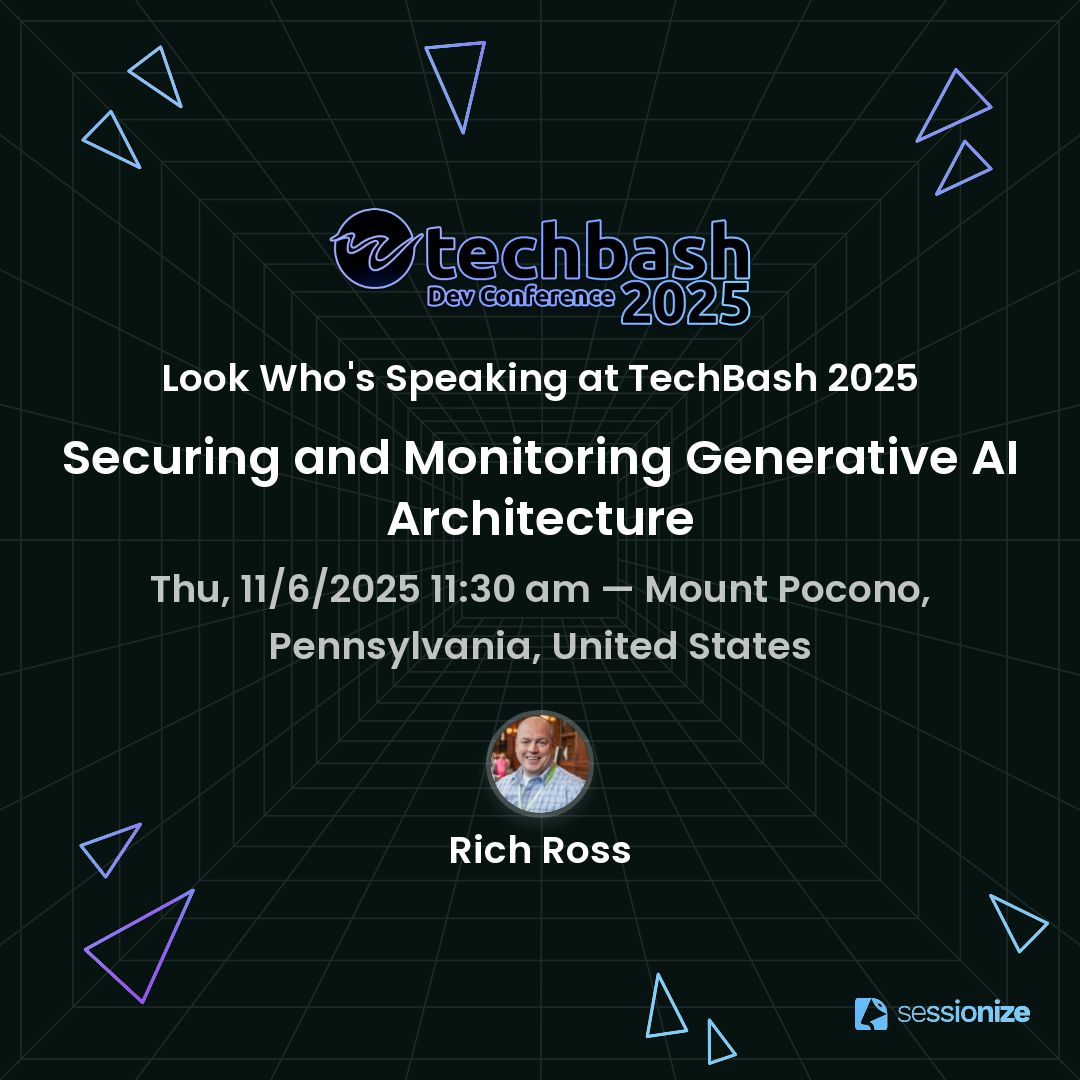 techbash's tweet image. You want AI? We've got some great AI sessions this year at TechBash. Rich Ross is presenting 2 great sessions on GraphRAG and GenAI architecture.
Register by 10/3 and save $100 on Standard registration with code LASTCALL100 - techbash.zohobackstage.com/techbash2025#/…
#devconference #techbash #ai