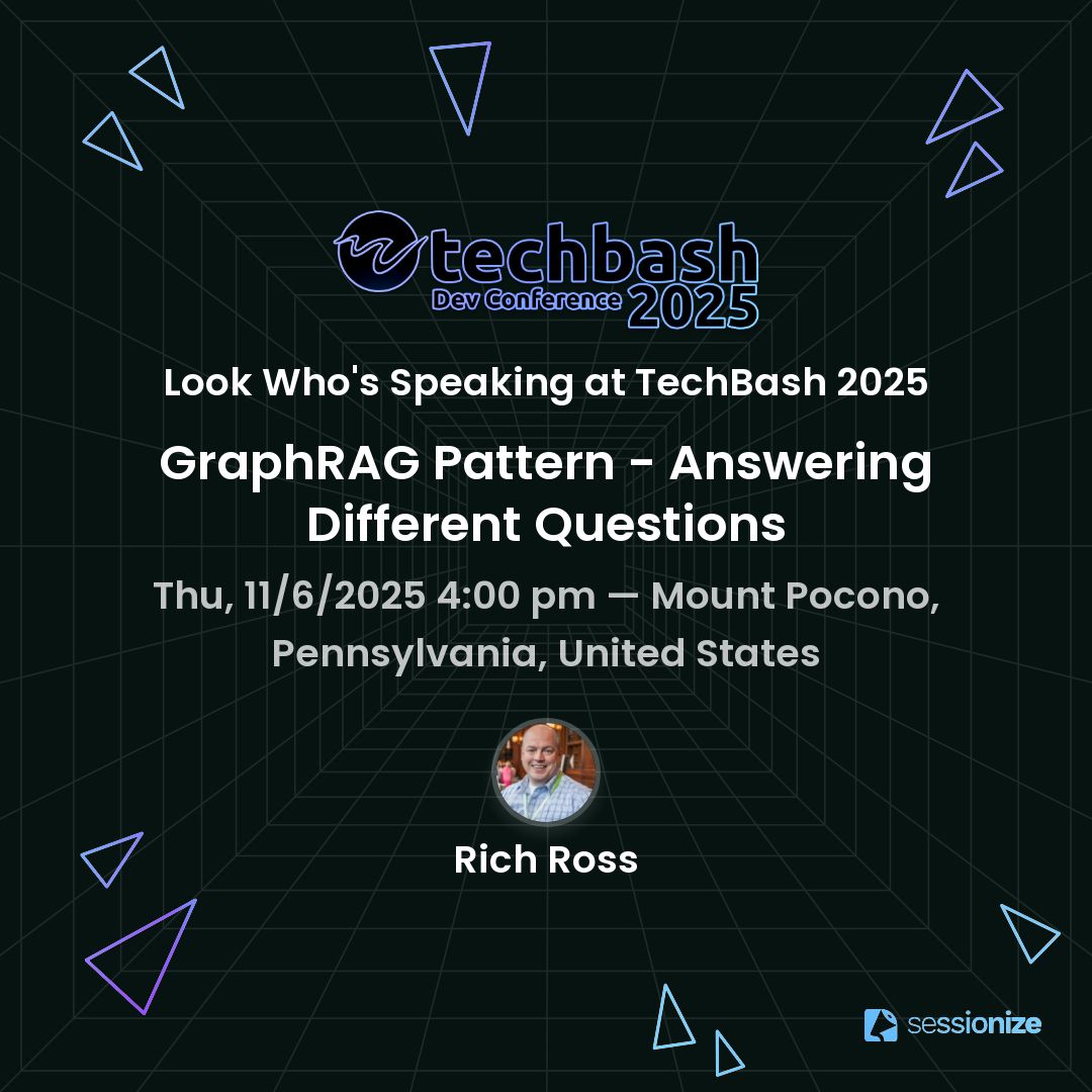 techbash's tweet image. You want AI? We've got some great AI sessions this year at TechBash. Rich Ross is presenting 2 great sessions on GraphRAG and GenAI architecture.
Register by 10/3 and save $100 on Standard registration with code LASTCALL100 - techbash.zohobackstage.com/techbash2025#/…
#devconference #techbash #ai