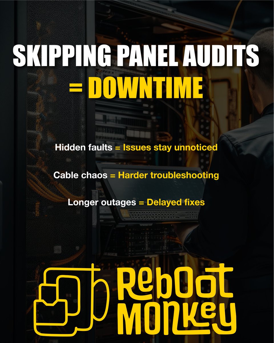 reboot_monkey's tweet photo. ⚡ Common mistake alert: Skipping patch panel audits.
➡️ Tangled cables hide faults.
➡️ Missed connections cause downtime.
➡️ One small oversight = hours of outage.
📌 Audit regularly. Save uptime.
#DataCenters #RemoteHands #SmartHands https://t.co/9KhnGjkrWu