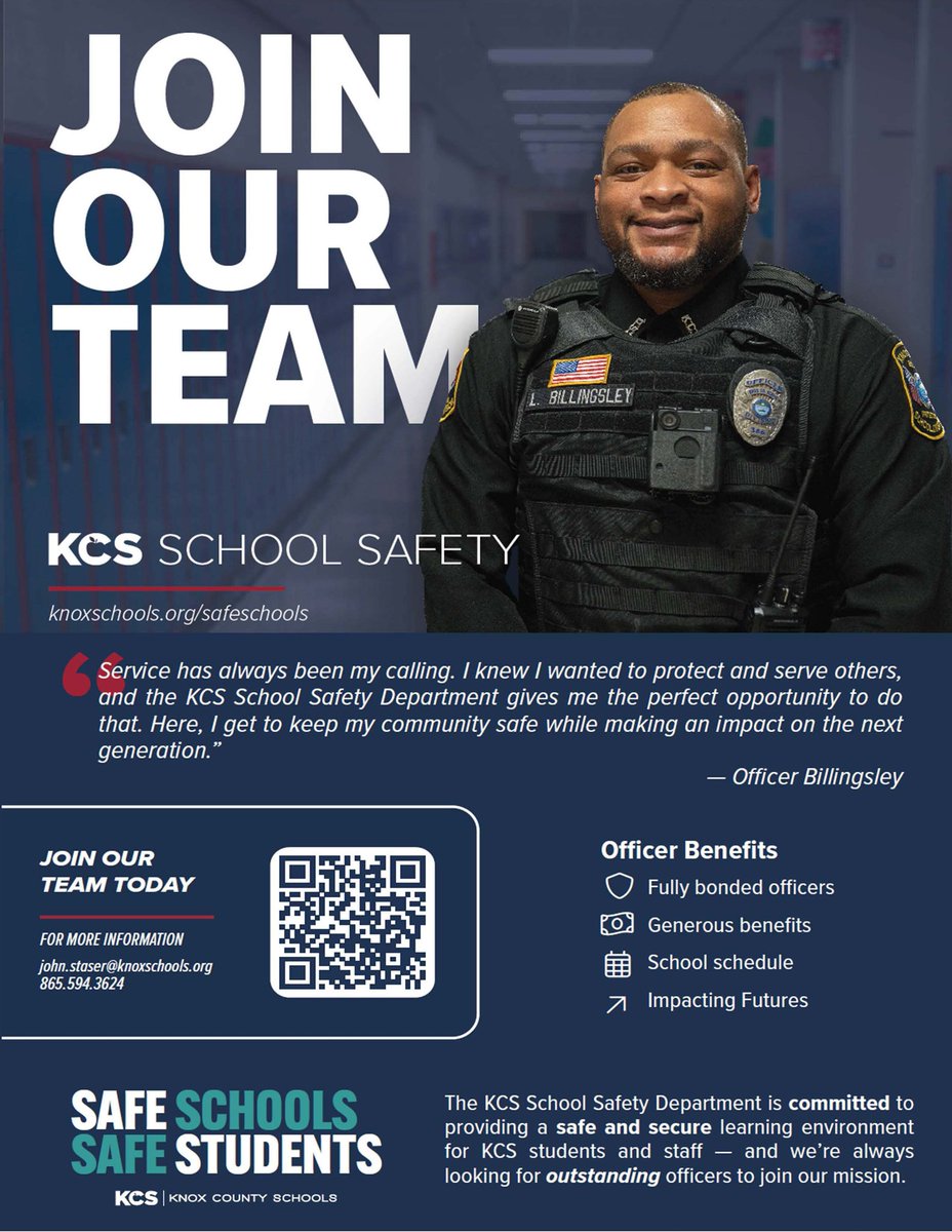 We are now accepting applications for School Safety Officers and for School Safety Dispatch. For more information about our Department and our Mission, please follow the QR code below or call our office at (865)594-3624