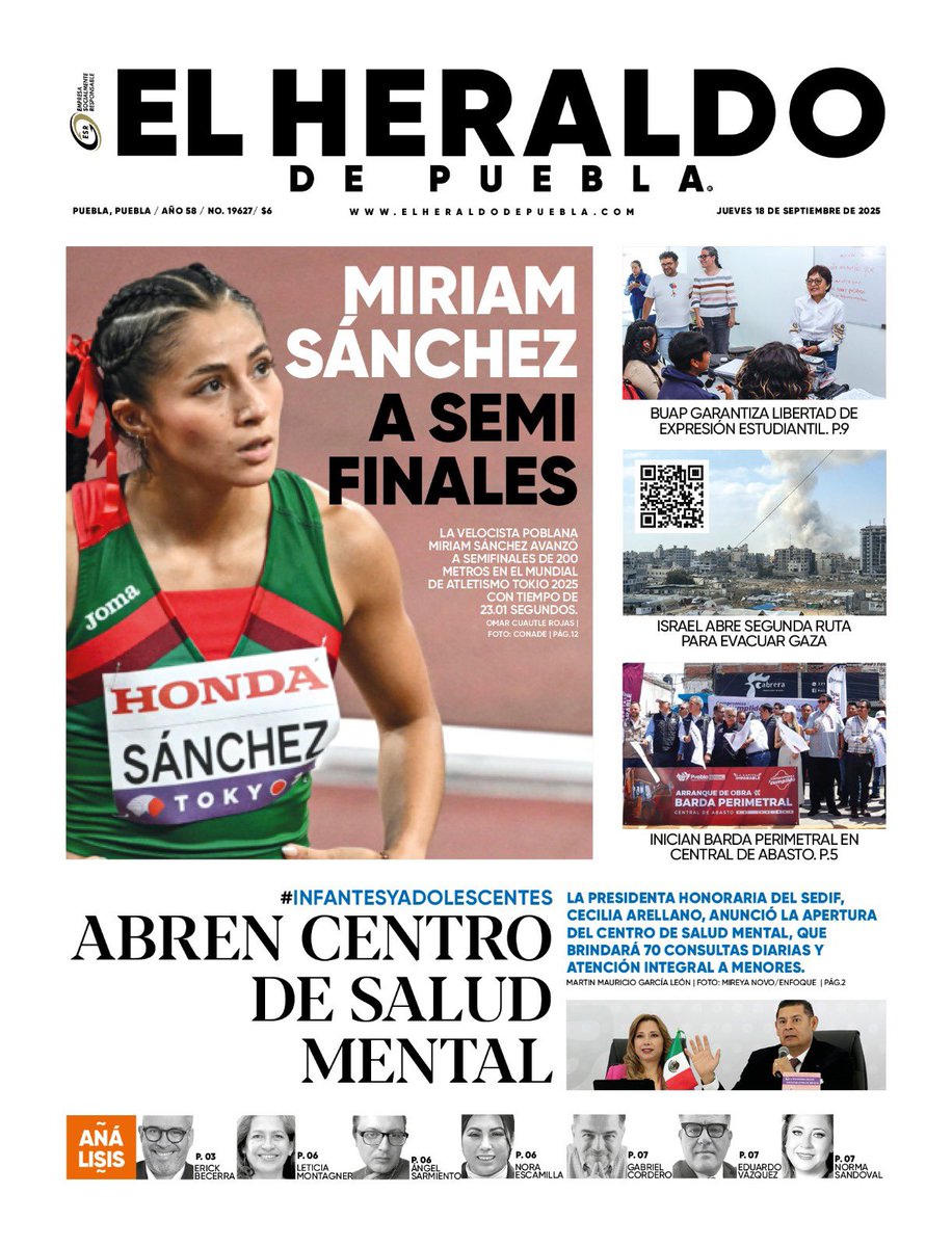 #FelizJueves  | Hoy en portada: abren centro de salud mental 🧠

🔹Miriam Sánchez, a semifinales 🏃🏻‍♀️

🔹BUAP garantiza libertad de expresión estudiantil 👏🏻

Sigue informándote en heraldodepuebla.com