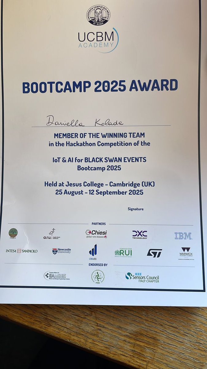 tech_uofficial's tweet image. 🚀From Ibadan to Cambridge! 🌍

TECH-U’s Daniella Kolade, 400L Computer Science student, wins global IoT &amp;amp; AI Hackathon in the UK —showcasing innovation &amp;amp; brilliance.👏 

#TechU #Innovation #AI #IoT #GlobalExcellence #NigeriaToTheWorld