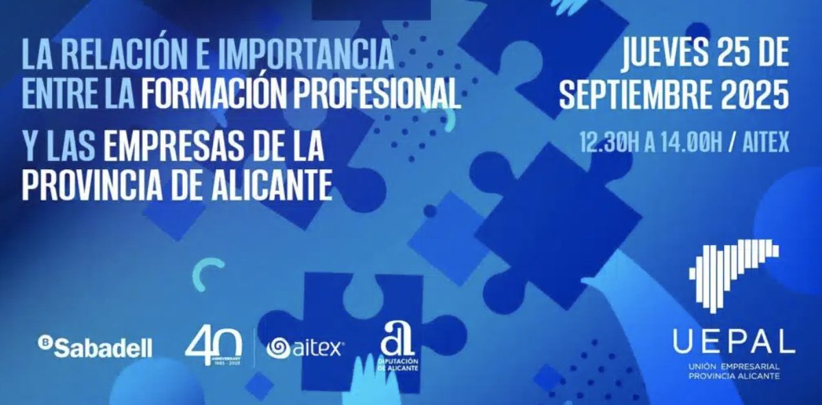 Te invitamos a participar en el foro 'La relación e importancia entre la Formación Profesional y las empresas de la provincia de Alicante', organizado por <a href="/uepal_ALC/">UEPAL ALICANTE</a> .
📍AiTEX Centro Investigación E Innovación (Carretera Banyeres, 10, Alcoi)
📅  25 de sept. 2025
⏰ 12:30 horas