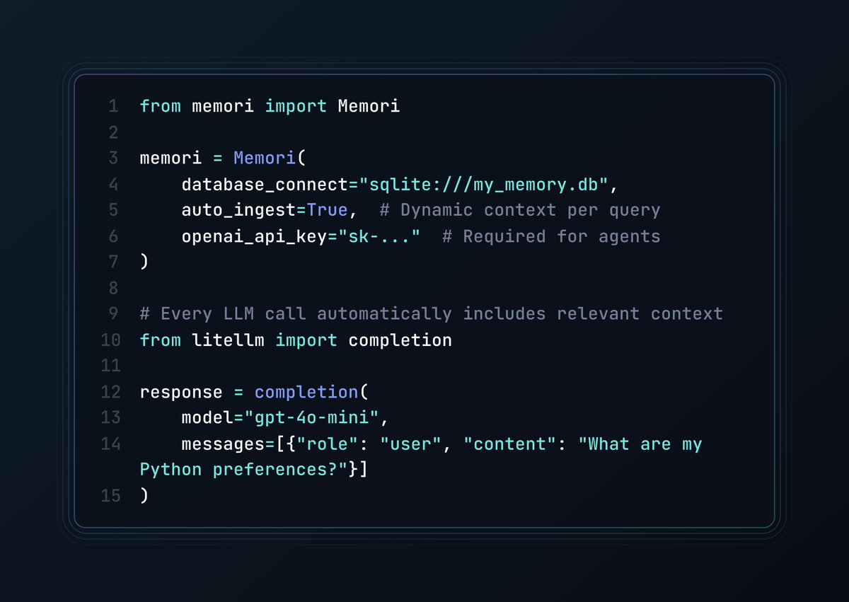 Agents don’t need to forget.

With <a href="/heygibsonai/">GibsonAI</a> Memori's Auto Ingest Mode:

- Each query runs a memory search
- Finds the most relevant facts (up to 5)
- Injects them into the LLM call

Dynamic context retrieval in real time 👇