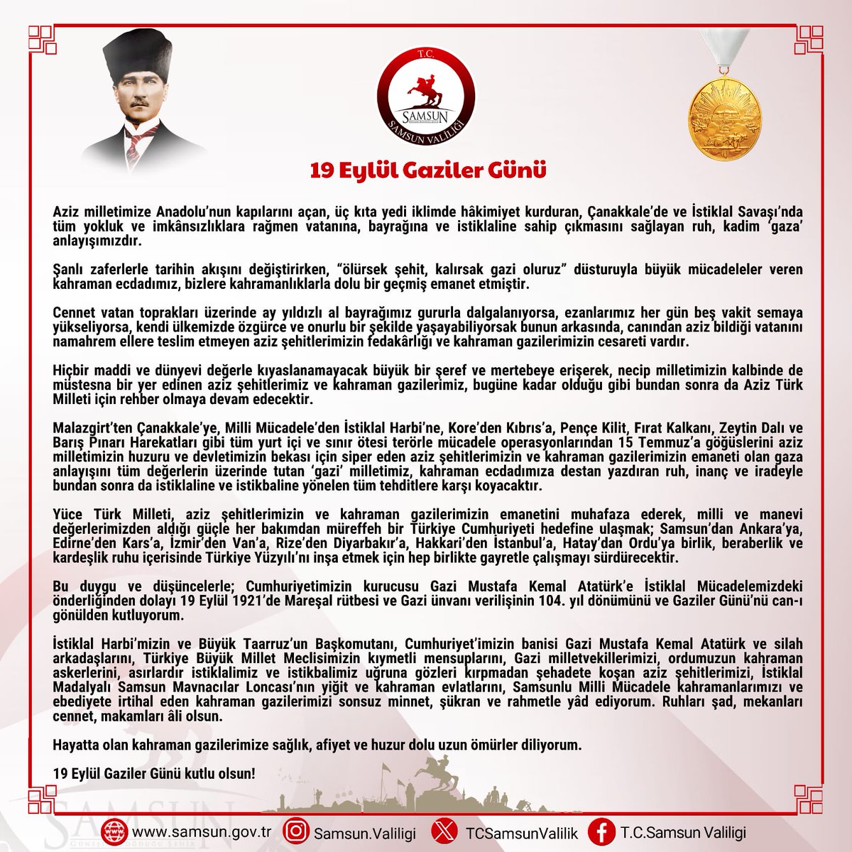 19 Eylül #GazilerGünü kutlu olsun!🇹🇷

Aziz milletimize #Anadolu’nun kapılarını açan, üç kıta yedi iklimde hâkimiyet kurduran, #Çanakkale’de ve #İstiklalSavaşı’nda tüm yokluk ve imkânsızlıklara rağmen vatanına, bayrağına ve istiklaline sahip çıkmasını sağlayan ruh, kadim ‘gaza’
