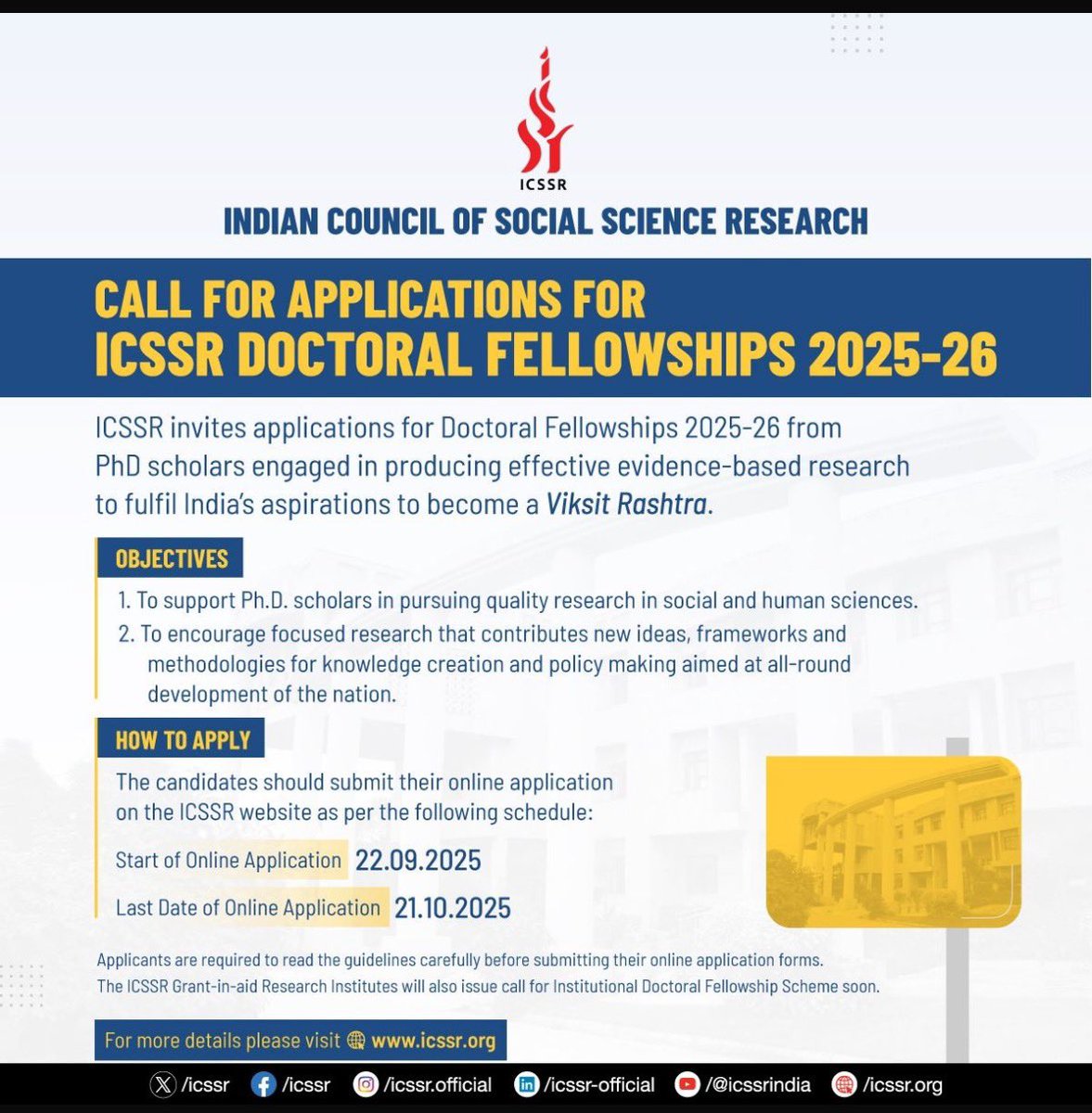 Sanjeev Varshney (@skvdst) on Twitter photo Doctoral Fellowships by <a href="/icssr/">Indian Council of Social Science Research (ICSSR)</a>
For full time PhD students < 40 years of age (relaxable by 5 years for SC/ST/OBC/PH candidates with >55% marks in PG in Humanities and Social Sciences.
Details at icssr.org/doctoral-fello… Doctoral Fellowships by <a href="/icssr/">Indian Council of Social Science Research (ICSSR)</a>
For full time PhD students < 40 years of age (relaxable by 5 years for SC/ST/OBC/PH candidates with >55% marks in PG in Humanities and Social Sciences.
Details at icssr.org/doctoral-fello…