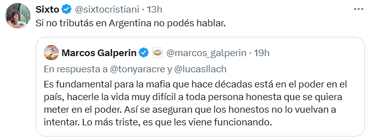 me vuelve loco el mambo que tienen con Galperín y el pago de impuestos

lo que ha hecho Mercado Pago por la formalización de la economía argentina no lo han hecho ni ARCA y todos los bancos del país juntos