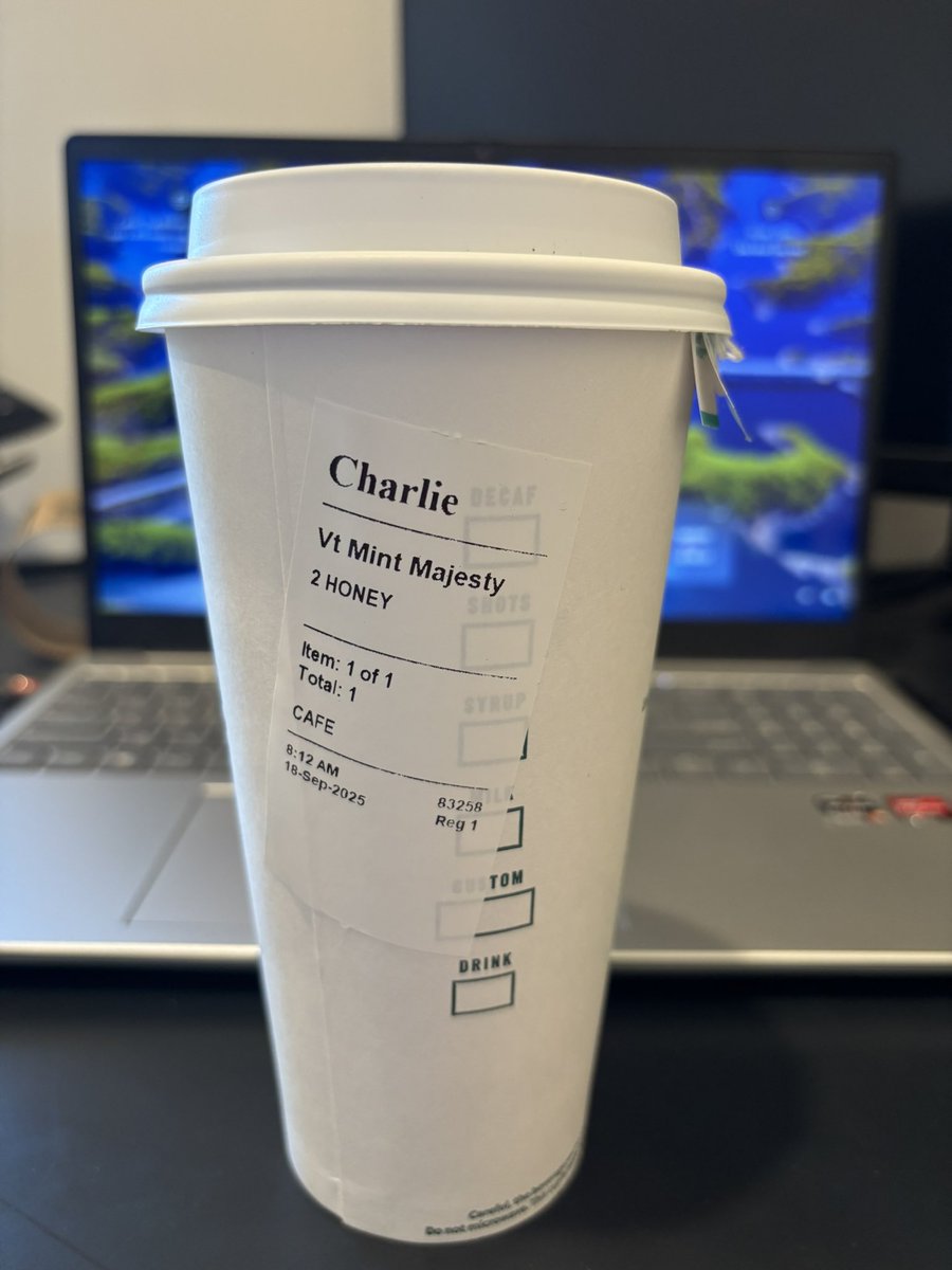 Second day of getting Charlie Kirk’s drink. When I ordered it, the pink haired barista working today mouthed “fuck you” at me. Great workers you have working for you, <a href="/Starbucks/">Starbucks</a>. Get as mad as you want, we aren’t losing our voices too.