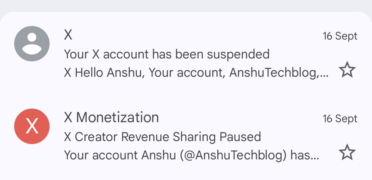 2n_Personality's tweet image. It's time to talk
So, 16th Sept I got an email stating - ‼️"Creator Revenue Sharing Paused"
I was reading the mail & was completely clueless why this happened & right at that time I got another email stating -
‼️"Your X account has been suspended"
My body turned cold 😶