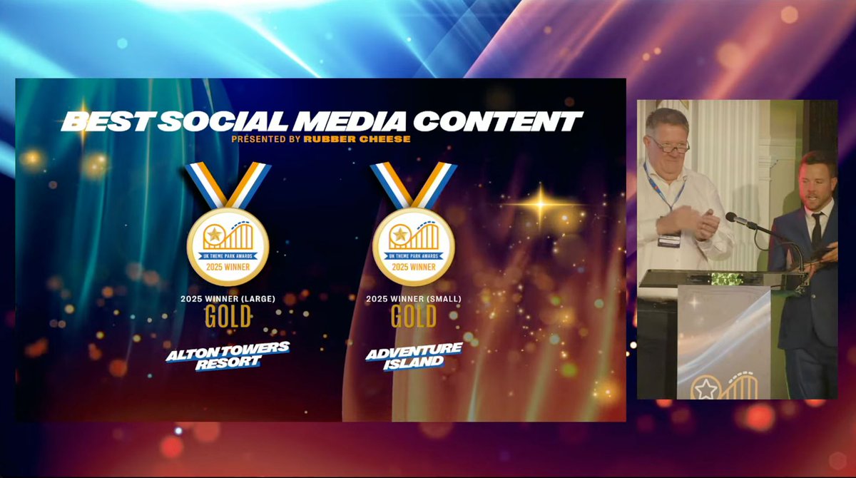 🎉 Congrats to all the winners of the #UKThemeParkAwards 2025, hosted at Wicksteed Park!

👏 Proud to present the Best Social Media Content Award with Andy Povey on behalf of @RubberCheese

🏅 Large Attraction Gold: Alton Towers
🏅 Small Attraction Winner: Adventure Island