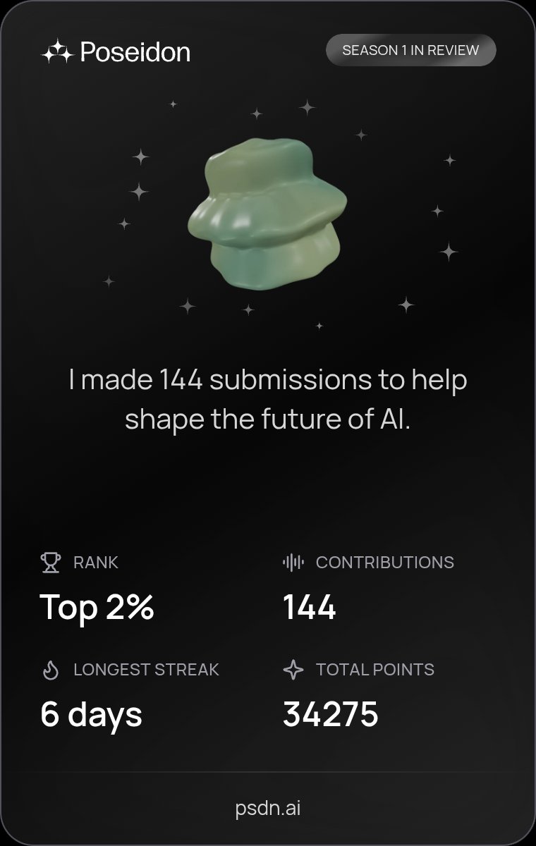 thobin_25's tweet photo. Just hit Top 2% in @psdnai
 Season 1! Dropped 144 voice submissions. A 6-day streak, and racked up 3,4275 points to fuel the future of physical AI. 

Proud to shape real-world data for robots &amp; beyond. Who's joining Season 2? 
#PoseidonAI #PhysicalAI #AIDataset https://t.co/XMw8xsDNi6