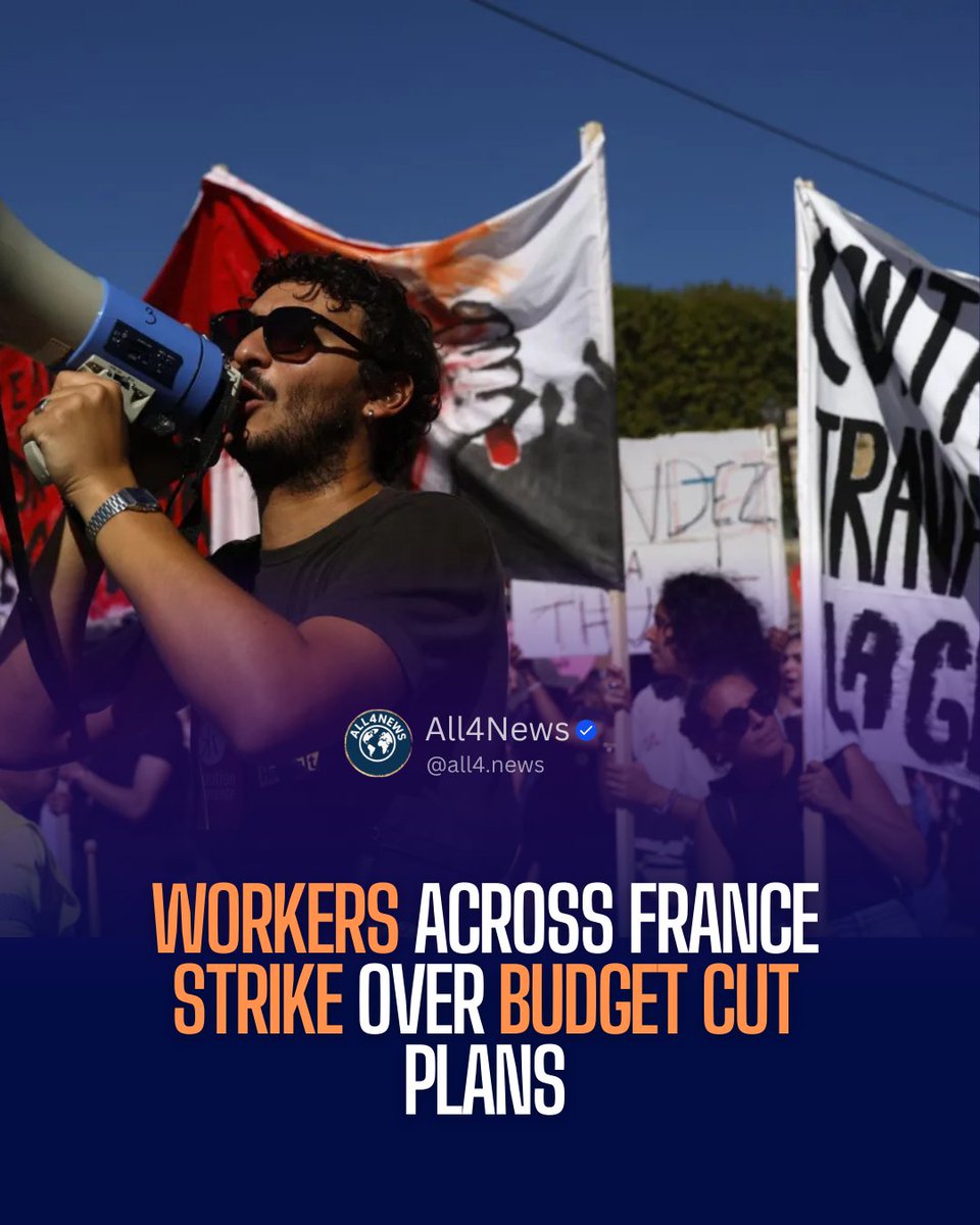 news_all4's tweet photo. Chaos erupts as French workers strike nationwide over 2026 budget cuts! Over 250 protests, halted transport, and clashes in Paris & Nantes. Unions demand an end to austerity. #FranceStrikes #BudgetCuts2025 #WorkerProtest #BreakingNews #ParisProtests #AusterityFight https://t.co/5Ez5ci9wsR