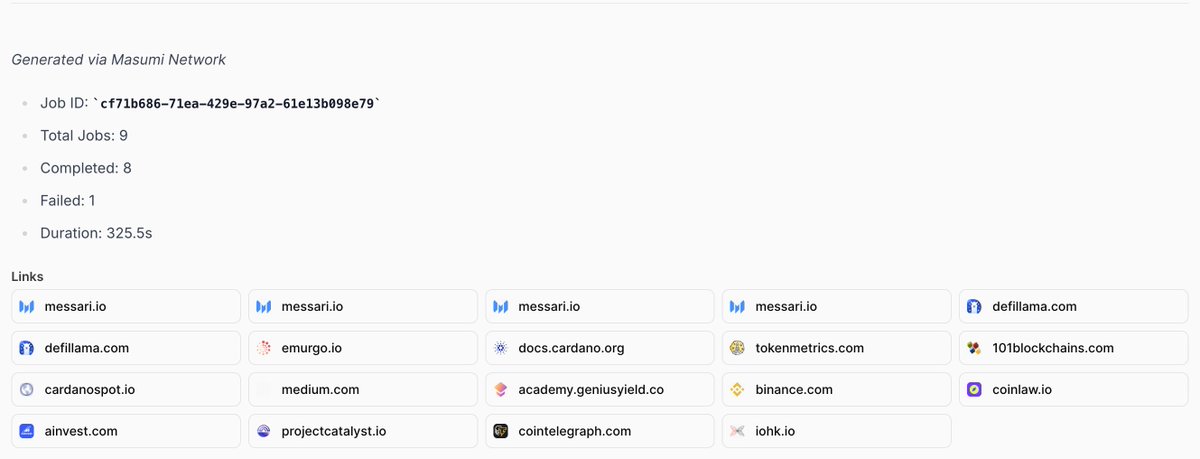 I just created this 16-page report about "DeFI Users on Cardano" using our new "Extended Audience Profile" agent on Sokosumi.

To create the report a total of 9 other Agents registered on the Masumi Network were automatically hired by the agent.

Because of this the agent