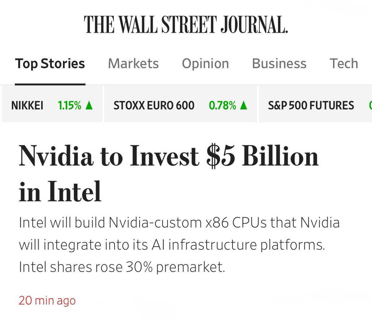 ☕BREW: Nvidia investe 5 miliardi di dollari in Intel: azioni in aumento del 30%