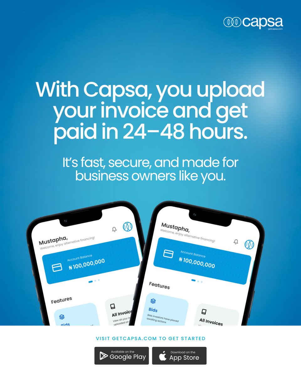 Running a small business is already a full-time job.
Chasing payments shouldn’t be another one.

With Capsa, you can turn pending invoices into instant working capital. No collateral, no long story. 

Tap the link in bio to learn more.

#getcapsa #invoicefactoring #NoWahala