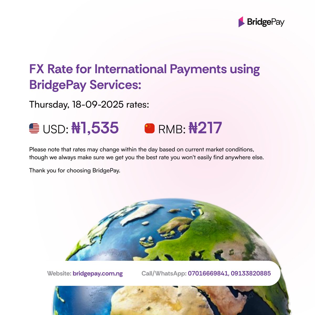 📈 Today's live rate (Thurs, 18th September 2025):
🇺🇸 USD: ₦1,535 | 🇨🇳 RMB: ₦217

🌍 Shop Globally, Pay Locally.

From online shopping to cloud services, exam fees, tuition payments, and Chinese imports payments, we've got you covered.

📲 Start your transaction now, Send a DM.