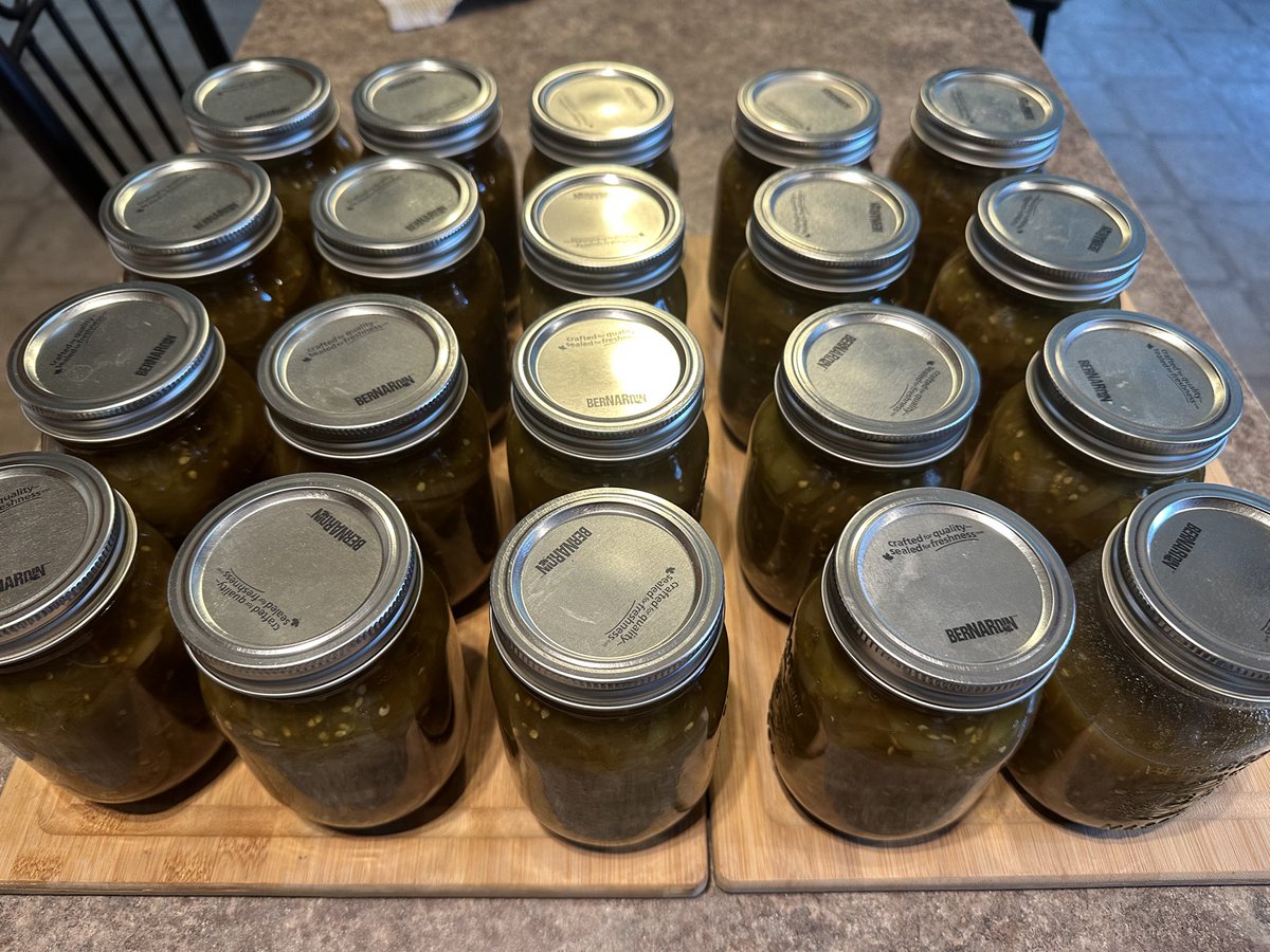 SenatorRobBlack's tweet photo. Always the last pickles I make each year to use up green tomatoes which will, otherwise, go to waste. Twenty jars using Grandma Black’s Green Tomato Pickle (aka chow chow) recipe. My 2025 pickling season is over! #BuyLocal #GrowLocal #EatLocal https://t.co/gYv90r5nMw