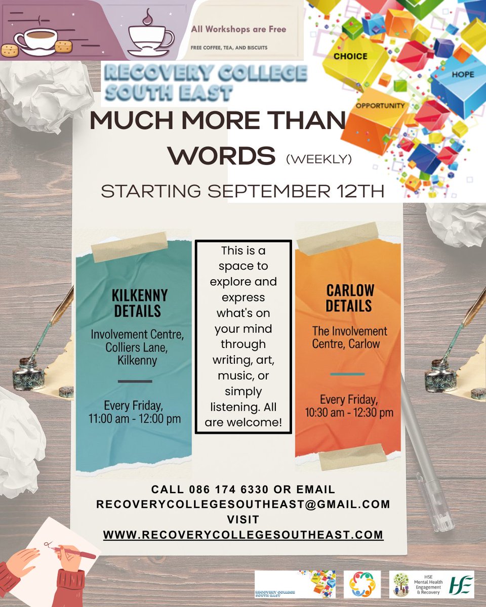 RecoverySe's tweet photo. Boost your wellbeing and connect with others! ✨ Join us for our FREE weekly workshops at Recovery College South East.
#Wellbeing #MentalHealthSupport #Community #FreeWorkshops #Kilkenny #Gardening #Writing #SupportGroup #CreativeExpression #SelfCare #ConnectAndGrow #carlow https://t.co/U3CFeLEJ9L