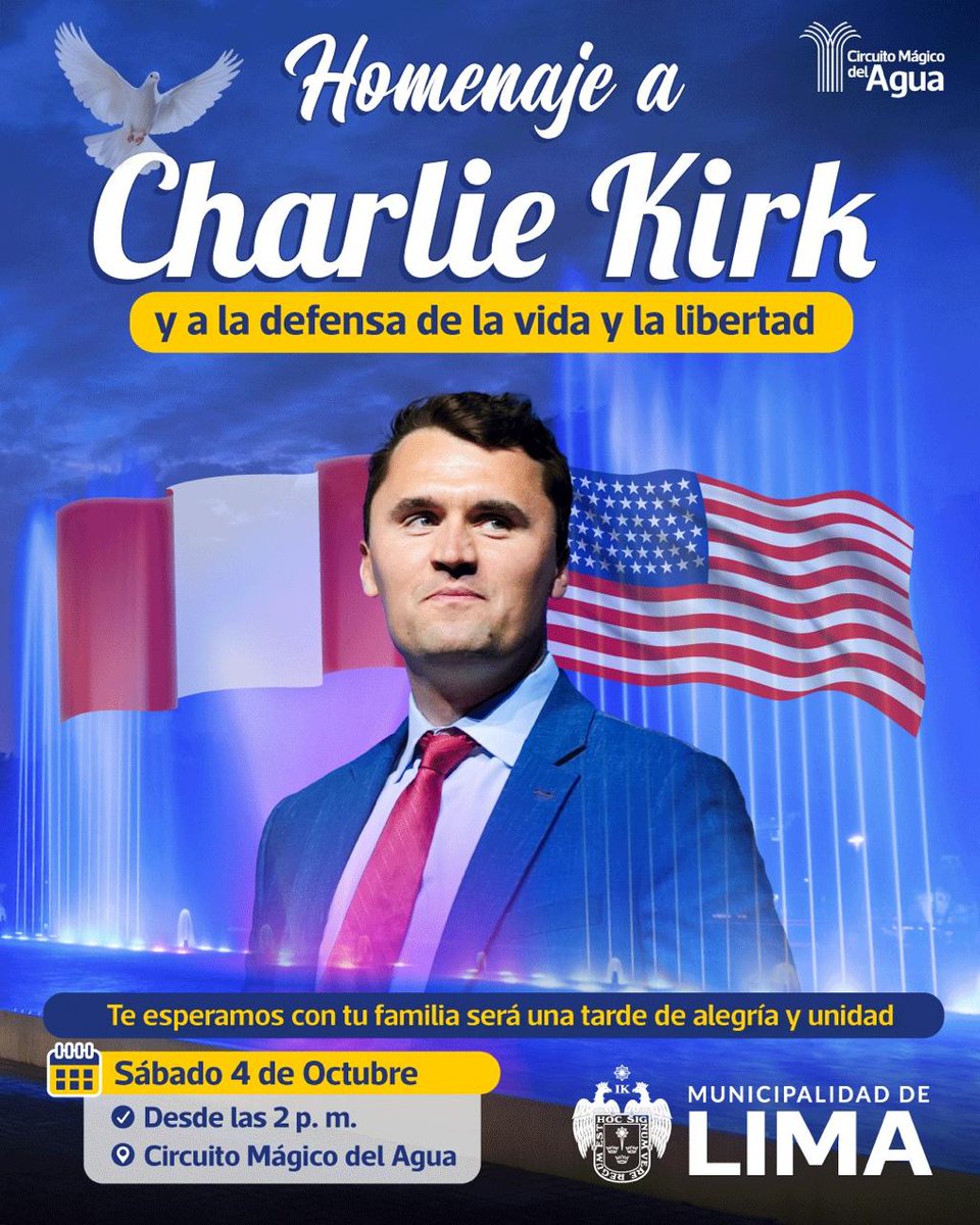 AssLatam's tweet photo. The Municipality of Lima has decided to have a special event celebrating the life of Charlie Kirk in their Magic Water Tour.

The tribute to Kirk will have water screen projections and dance presentations. It will happen on October 4. https://t.co/ueXZqAOegE
