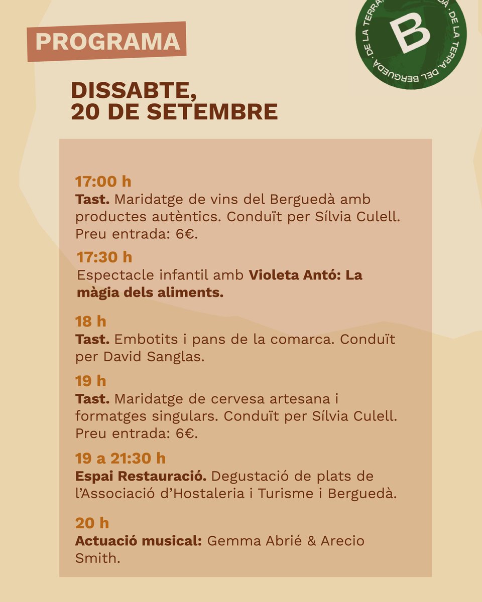 AjuntamentBerga's tweet photo. 📢 La Fira de Santa Tecla estrena un Espai Gastronòmic! Un gran aparador de productes locals, activitats i experiències amb l’objectiu de connectar els productors agroalimentaris, la restauració i el públic visitant.

ℹ️ Descobreix la programació d’aquest nou espai! https://t.co/hgUihsi3w1