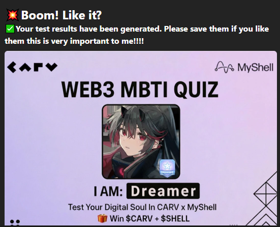Railgun_ian's tweet photo. Discover Your On-Chain AI Beings Personality!
the result is im a dreamer!
so im gonna dream big with the help of AI.
@carv_official @myshell_ai
#CARVOnChainAIBeings https://t.co/AU6Lcz5J4x
