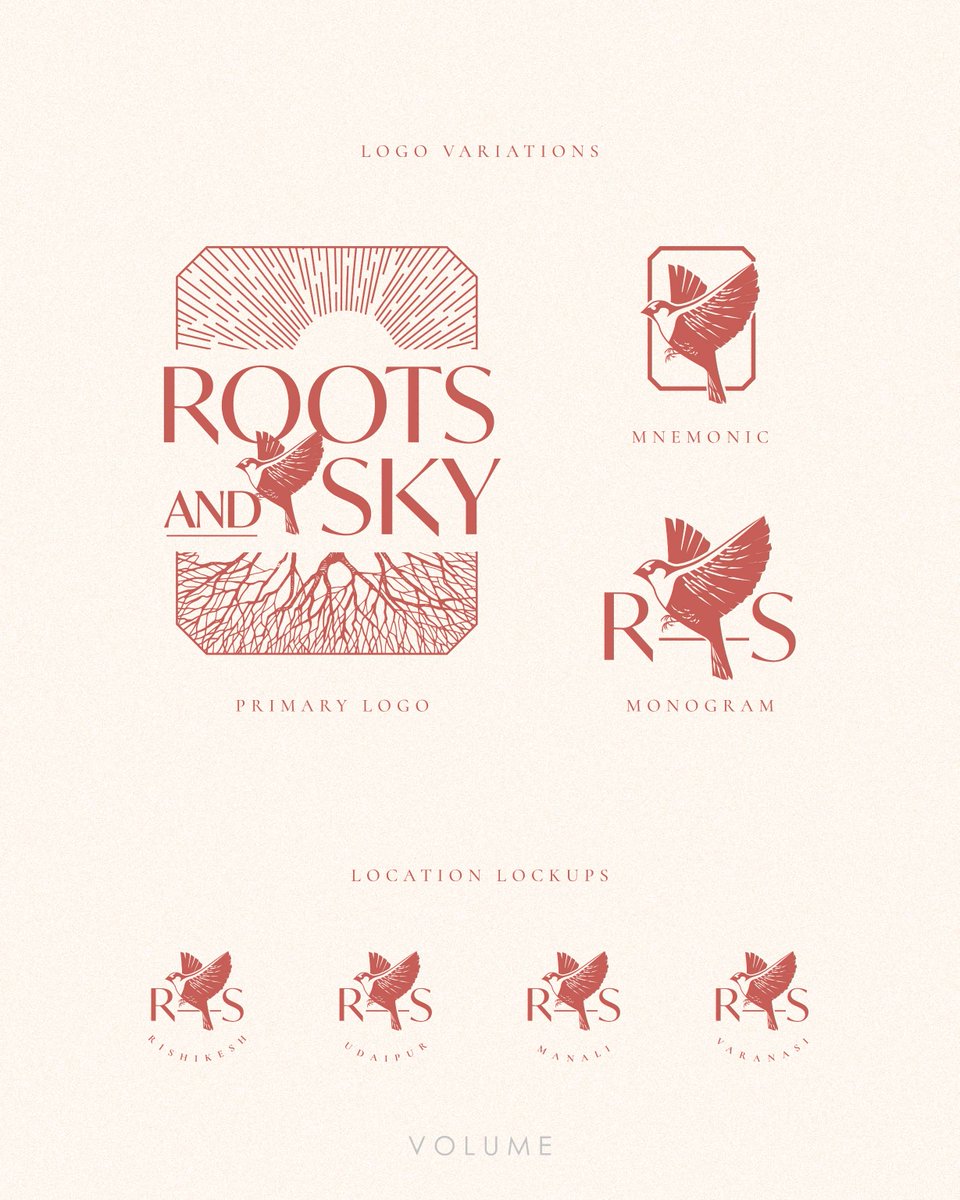 weforVOLUME's tweet image. Our branding for Roots and Sky understands luxury. Soft geometry, layered lines, natural tones, gentle typography create the visual identity. A bird in mid-flight reflects the brand. Roots to ground you, sky to let you drift.
#weforVOLUME #ReflectingGrowth #Kyoorius
