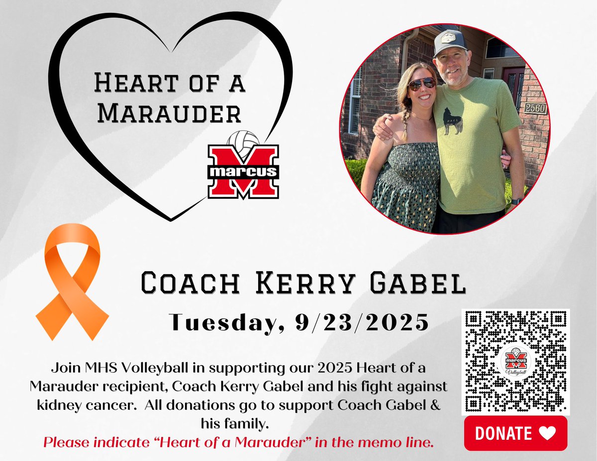 MarcusHSvb1's tweet photo. We are honored to have one of our own Coach Kerry Gabel as this year’s recipient for our Heart of a Marauder night. On September 23rd we will rally together to raise awareness for kidney cancer and raise money for the Gabel family. Together we CAN make a difference! #teamgabel https://t.co/mZfj9yDEwr