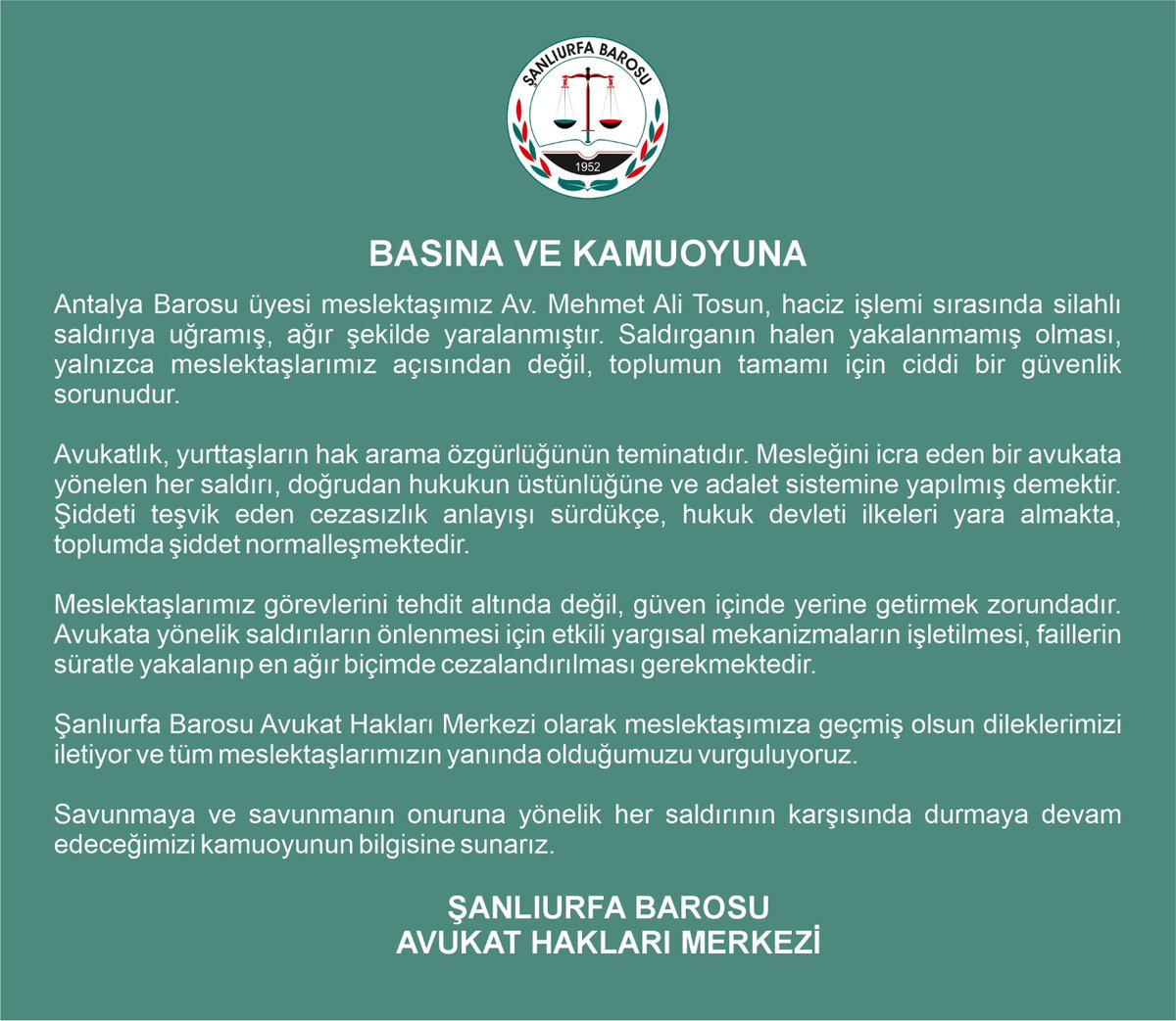 Antalya Barosu üyesi meslektaşımız haciz işlemi sırasında silahlı saldırıya uğramış ve ağır bir şekilde yaralanmıştır. 

Şanlıurfa Barosu Avukat Hakları Merkezi olarak meslektaşımıza geçmiş olsun dileklerimizi iletiyor ve tüm meslektaşlarımızın yanında olduğumuzu vurguluyoruz.
