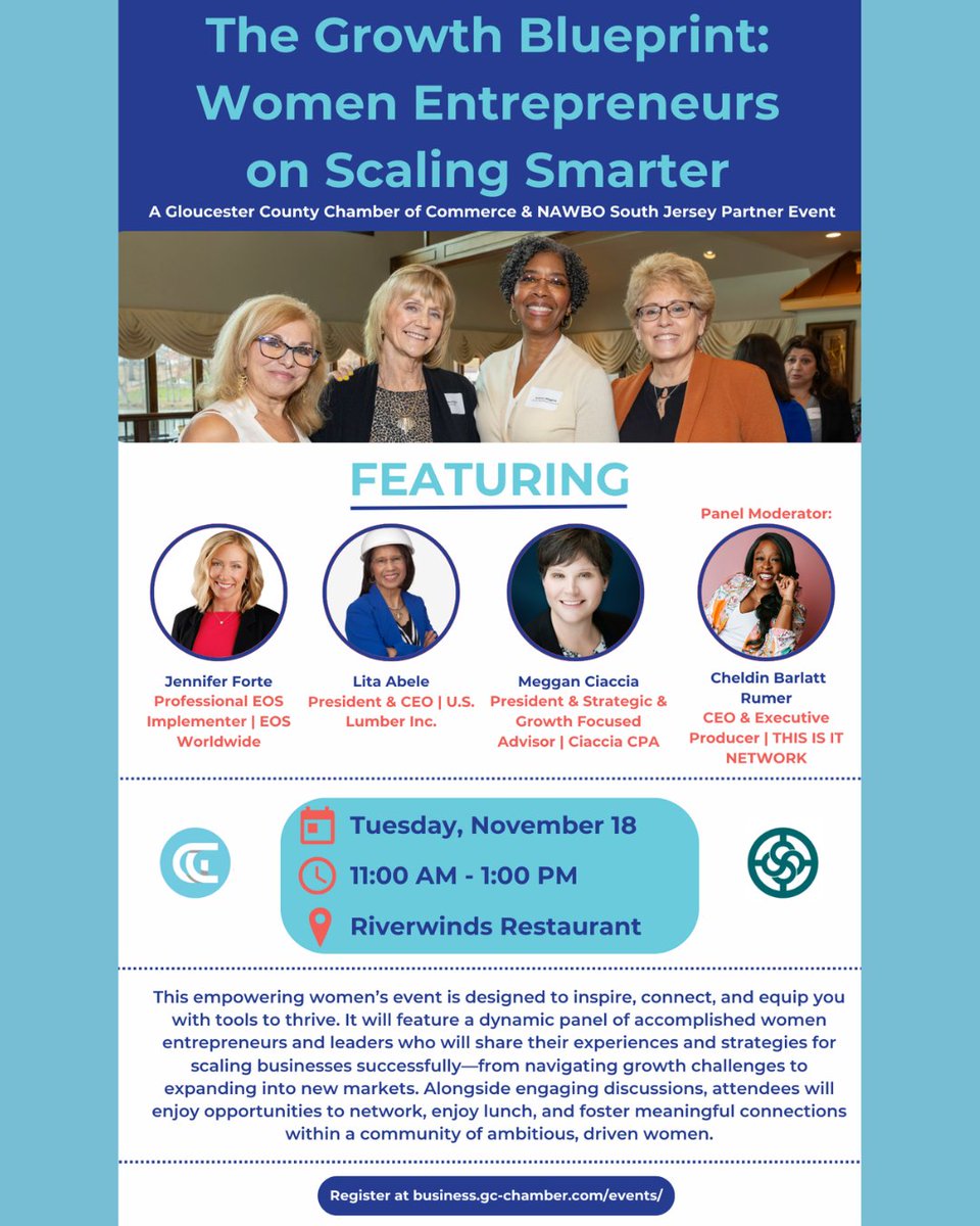 The Growth Blueprint: Women Entrepreneurs on Scaling Smarter
Tue, Nov 18 • 11 AM–1 PM • Riverwinds Restaurant
Panel: Jennifer Forte, Lita Abele, Meggan Ciaccia
Moderator: Cheldin Barlatt Rumer
Register: business.gc-chamber.com/events/
#NAWBOSJ #WomenInBusiness