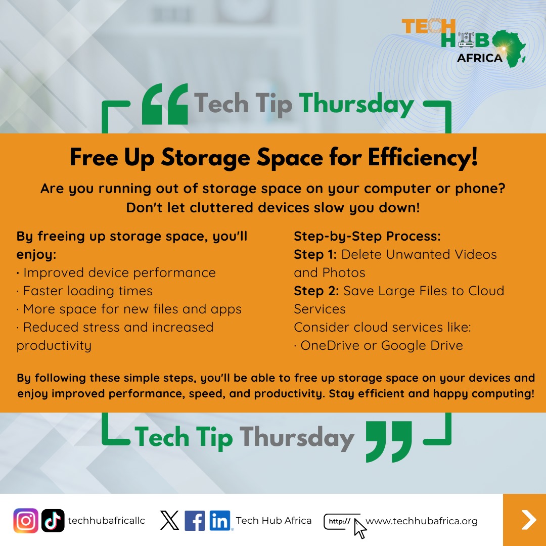 techhub_africa's tweet image. 🚀 Tech Tips Thursday
Running out of space? Free it up! 🧹
✅ Delete old photos/videos
✅ Move files to the cloud
✅ Speed up your device A quick cleanup = better performance + more room for what matters! 💡
#TechTipsThursday #DigitalDeclutter #Productivity
