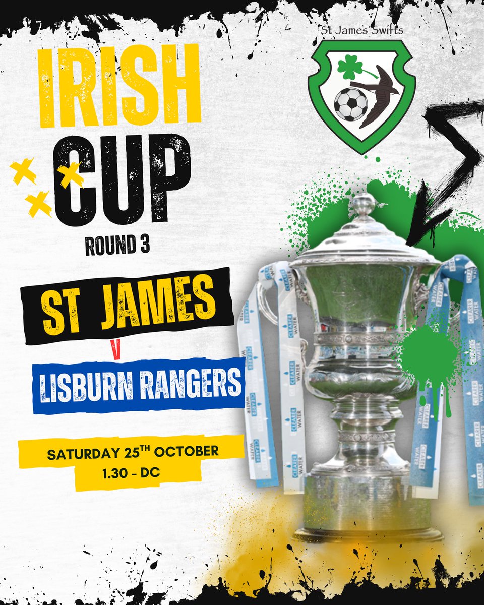 🍀 𝗜𝗥𝗜𝗦𝗛 𝗖𝗨𝗣 🍀

We have been drawn at home in the 3rd Round of the Clearer Water Irish Cup against Lisburn Rangers.

Tie to be payed on Saturday 25th October #GOTS ⚫️🟡🍀

BIG G’s Competitions | City Tours Belfast | Theresa Dunlop Mortgages