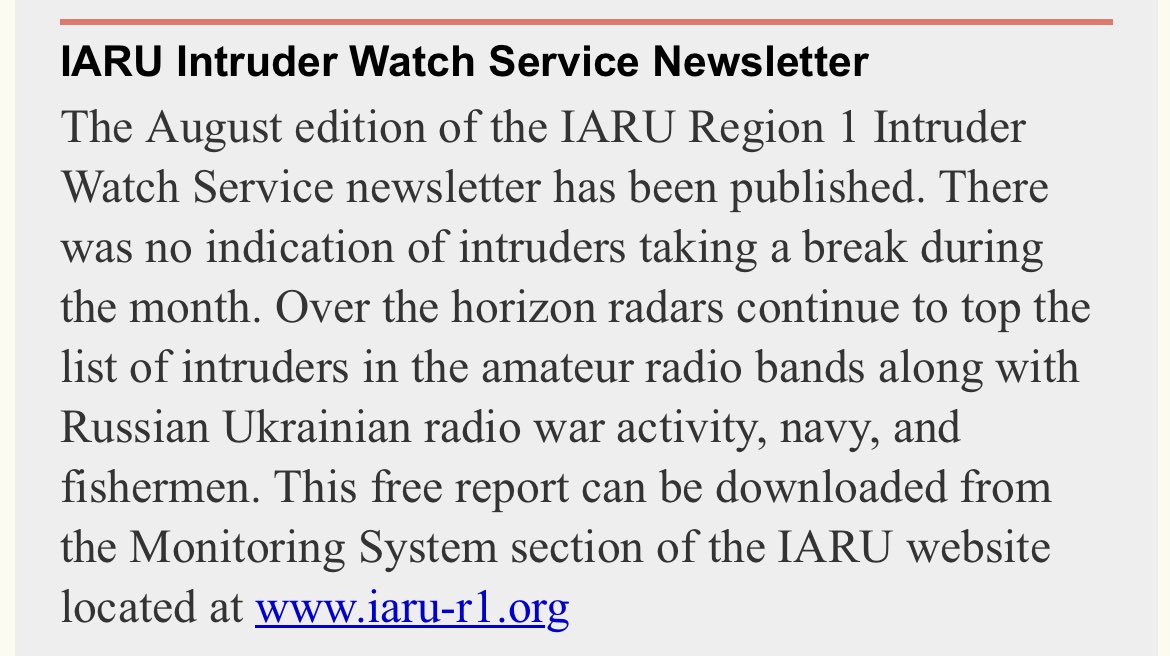 seargnews's tweet photo. #IARU Intruder Watch Service
August Newsletter 2025
https://t.co/6CxJHr7geh
#IRTS #Hamradio #Amateurradio #Jamming #Radarwatch #SWL https://t.co/GUYeTQChdf
