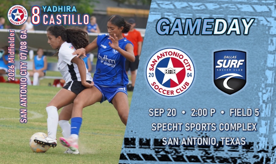 GAMEDAY:
<a href="/SACity0708GA/">SA City 07/08 GA</a> x Dallas Surf

<a href="/GAcademyLeague/">Girls Academy</a> <a href="/sacitysc/">San Antonio City Soccer Club</a> <a href="/soccerislife621/">Roberto Del Toro (Coach Beto)</a> <a href="/ImYouthSoccer/">ECNL/GA/Recruiting/College Soccer</a> <a href="/6a_28/">SA High School & Club Soccer</a> <a href="/ImCollegeSoccer/">College Soccer Truth ™</a> <a href="/soccer_warren/">Warren Girls Soccer</a> <a href="/PrepSoccerTX/">Prep Soccer Texas</a> <a href="/PrepSoccer/">Prep Soccer ⚽️</a> <a href="/TheSoccerWire/">SoccerWire</a> <a href="/CollegeSoccerID/">College Soccer ID</a> <a href="/jgrimleysoccer/">Jane Grimley-Gunn</a> <a href="/CoachGeorge23/">Coach George</a>
