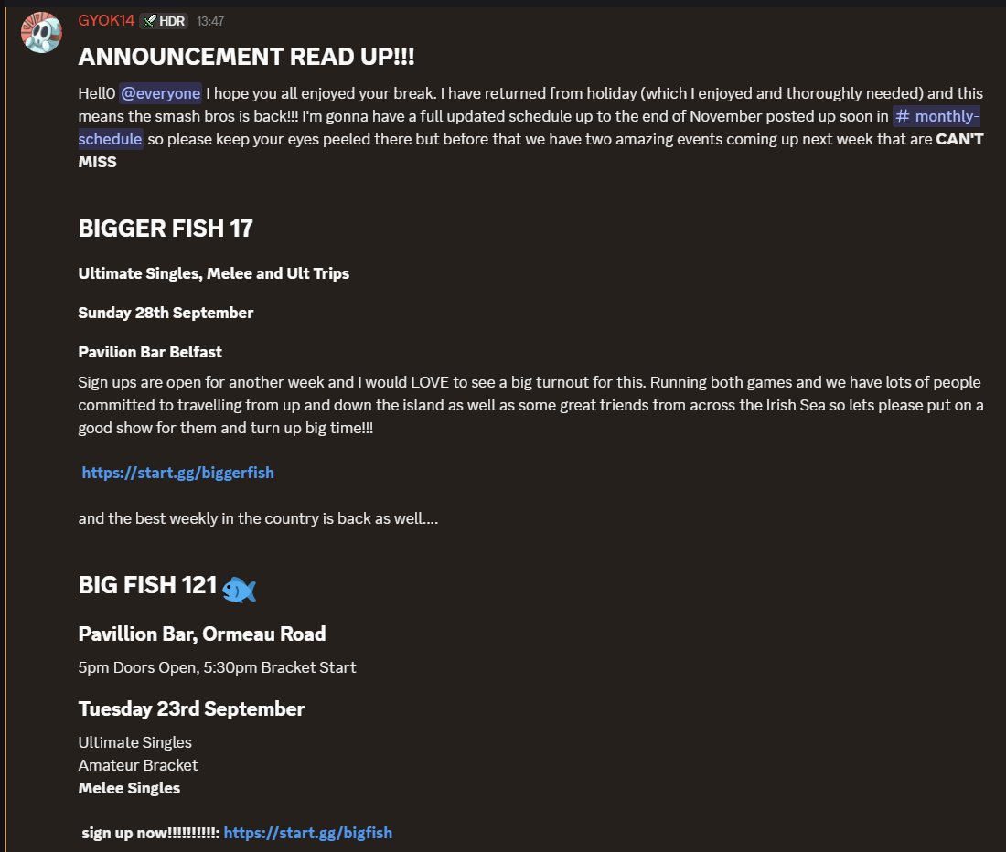 Big announcement I wrote up!

Please come to the smash bros events next week!

start.gg/biggerfish
start.gg/bigfish