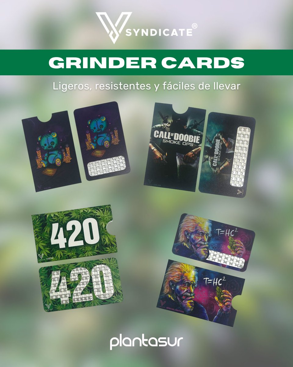 En Plantasur tenemos lo último de V-Syndicate: las Grinder Cards 🔥.

Ligeras, resistentes y tan compactas que caben en
cualquier sitio 👌Pero lo mejor de todo son sus
diseños🎨✨

Un imprescindible para quienes buscan comodidad,
estilo y funcionalidad en un solo producto.