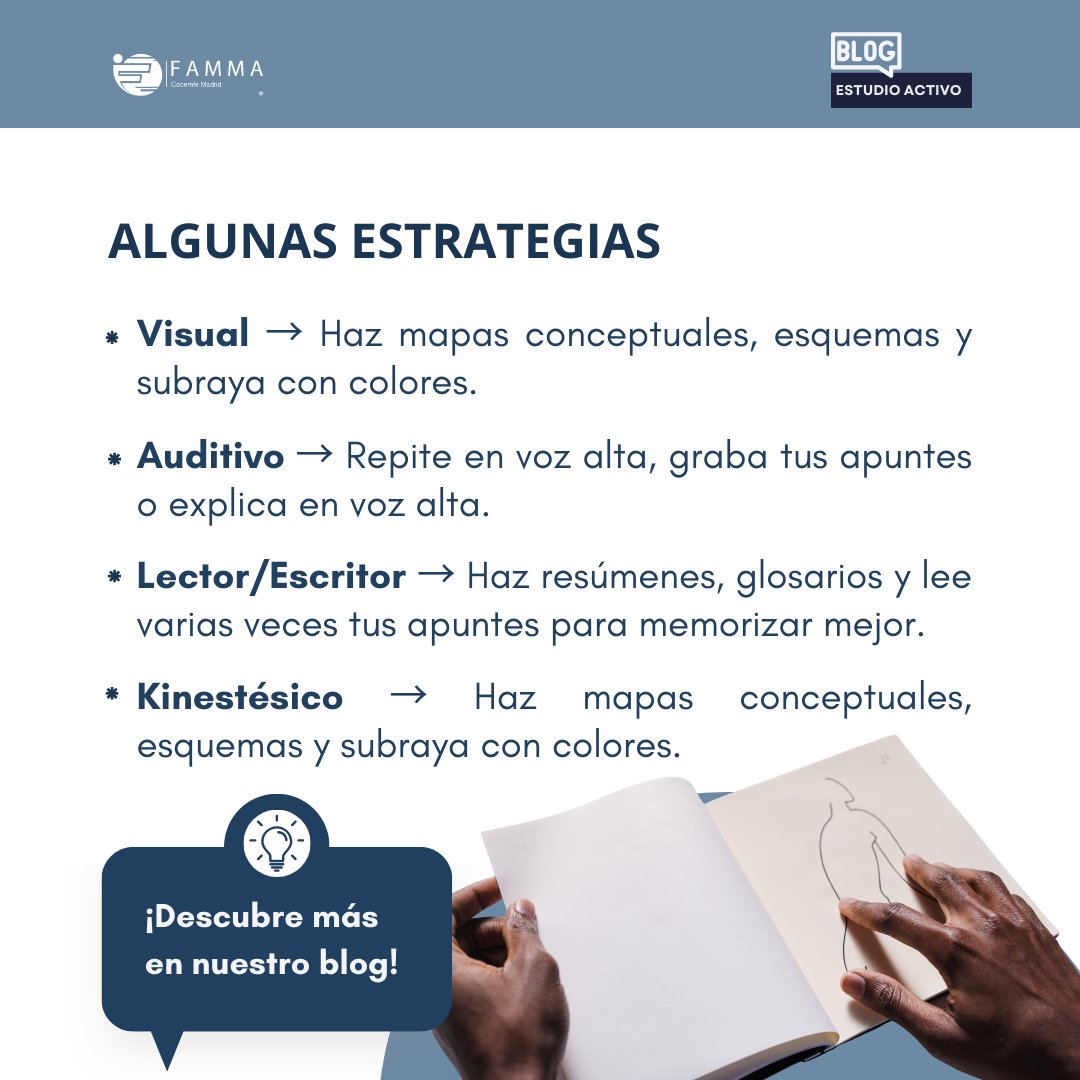 FAMMA_Co_Madrid's tweet photo. 👨🎓#EstudioActivo
¿Alguna vez te has preguntado por qué algunas #estudian mejor al leer los apuntes, mientras que otras prefieren escuchar, hacer esquemas o practicando?
📑Hoy en nuestro blog te explicamos sus ventajas e inconvenientes
🔗https://t.co/7TLomUv7mv
#aprendeaaprender https://t.co/YDgjH4J8Ct
