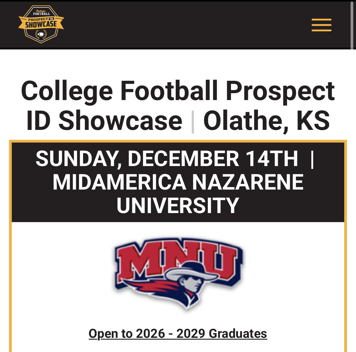 Thanks Coach McCray for the invite to the <a href="/CPID_Football/">College Football Prospect ID</a> Propsect ID Showcase. Looking forward to meeting new coaches and seeing <a href="/MWSU_Football/">Missouri Western Football</a> coaches again. 
<a href="/coachwintermwsu/">Matthew Winter</a> <a href="/coachmcquillan/">Coach McQuillan</a> <a href="/FHSUFootball/">FHSU Football</a> <a href="/coachrossFHSU/">Tom Ross</a> <a href="/ParkviewVikings/">Parkview Football</a>