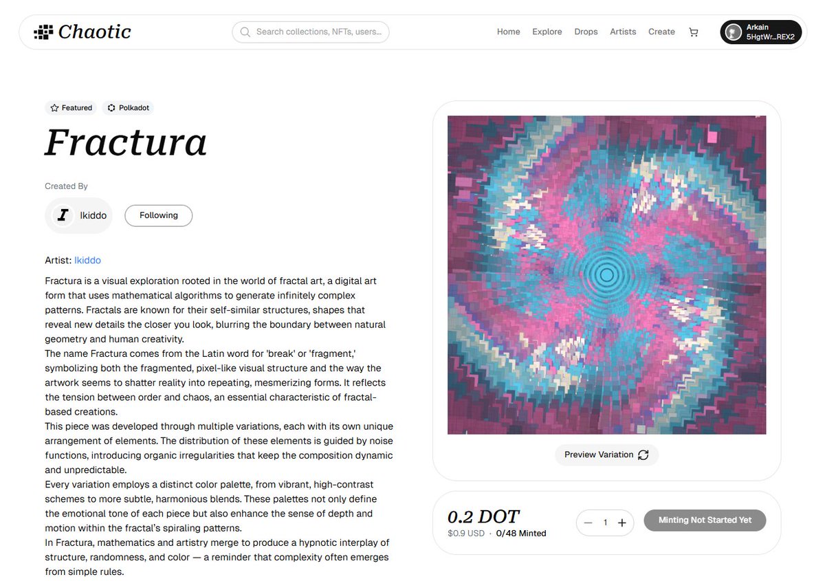 ArkainArt's tweet image. &quot;Fractura&quot; by @__Ikiddo__ is now LIVE on @ChaoticApp!

Show the power of the @Polkadot community in supporting art 🦾⭕️

Link below 👇