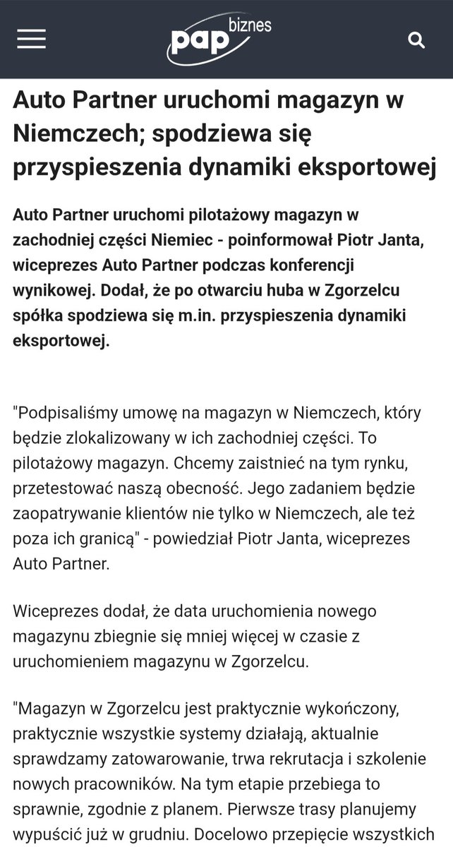 Lukasz_on_GPW's tweet photo. #Auto_Partner uruchomi pilotażowy magazyn w zachodniej części Niemiec. Po otwarciu huba w Zgorzelcu spółka spodziewa się https://t.co/ZpRRY2RsMi. przyspieszenia dynamiki eksportowej.
https://t.co/OjYPSjGKt6 https://t.co/trgvhk3T3x