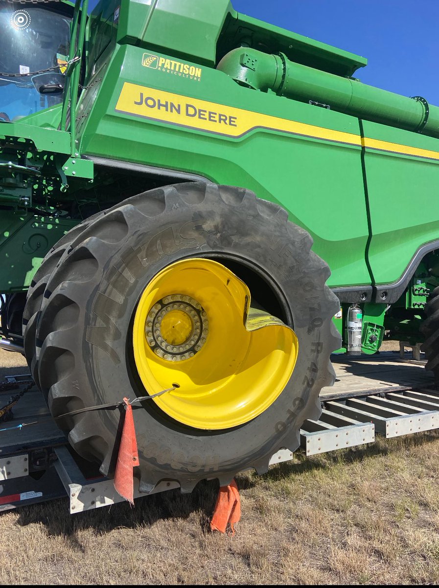 Here is the wheel of the X9 that the D11 struck. It’s a good thing that they are low pressure tires. Look at the amount of force on that rim. You can now understand how the John Deere X9 was forced into the ditch. It was a demo unit from a dealership about to be demoed. 
Was it