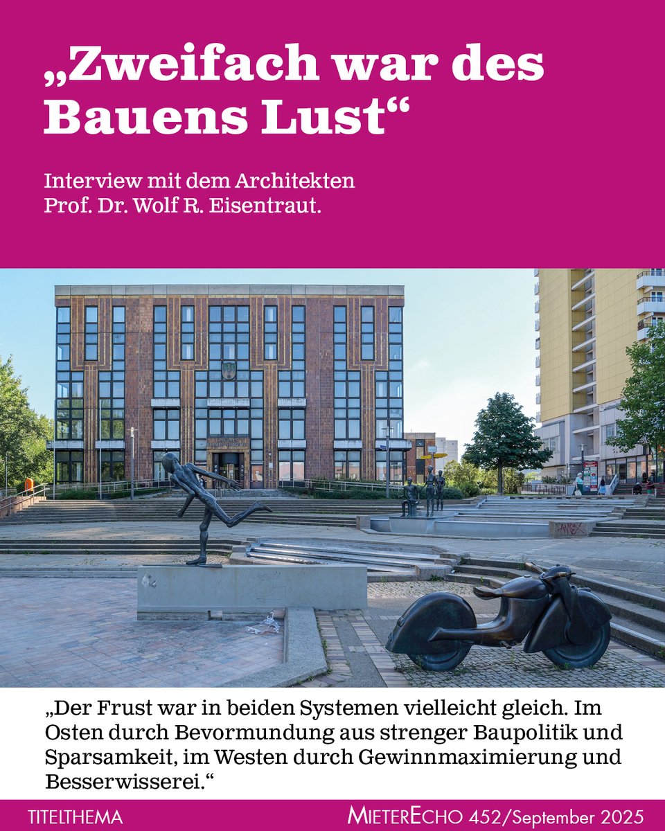 „Zweifach war des Bauens Lust“
Interview mit dem Architekten Prof. Dr. Wolf R. Eisentraut.

Eisentraut wirkte sowohl in der DDR wie in der BRD. Mit seinen markanten Bauten prägte er u. a. das Gesicht der Großsiedlung Marzahn.

bmgev.de/mieterecho/arc…

Foto: Matthias Coers