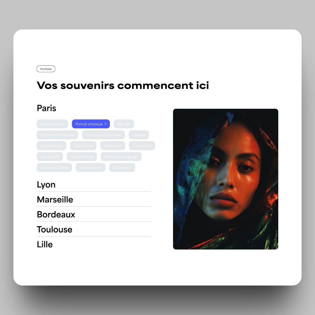 MatuiDesign's tweet image. Portfolio designed around locations 📍
✦ Select a city (Paris, Lyon, Marseille…)
✦ Browse projects (weddings, portraits, corporate…)
A photo studio portfolio that adapts to each city.