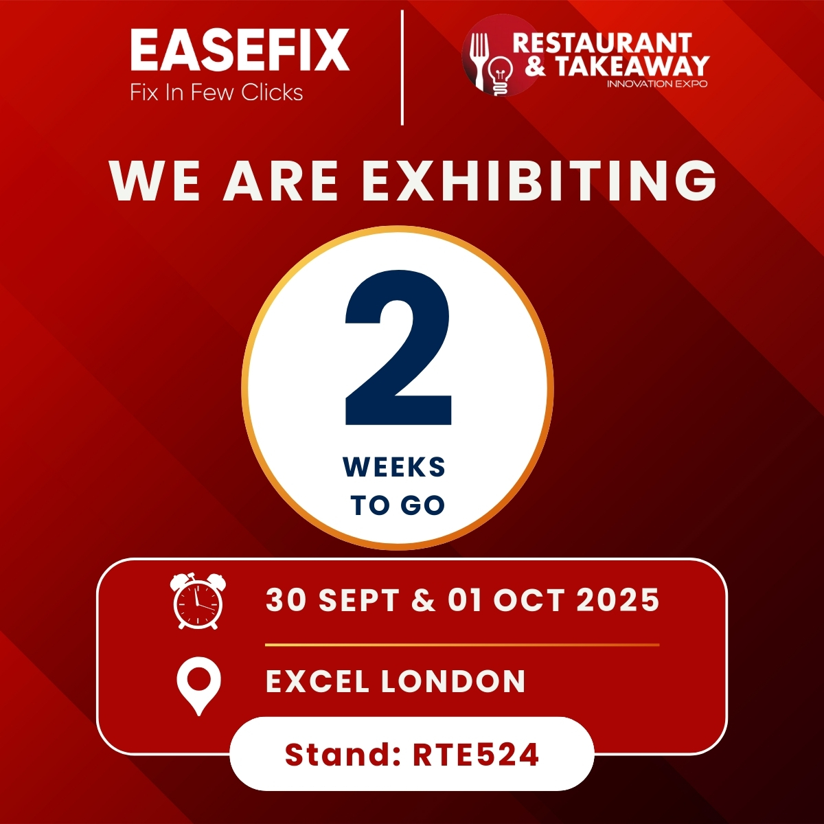 🍴 Easefix is exhibiting at the <a href="/RTIExpo/">Restaurant & Takeaway Innovation Expo</a> Restaurant &amp; Takeaway Innovation Expo on 30 Sept &amp; 01 Oct 2025! 

Visit us at Stand RTE524 to explore expert property maintenance solutions for the hospitality sector.   takeawayexpo.co.uk 

<a href="/motoway/">Moto Hospitality</a> , <a href="/fluffyfluffyuk/">Fluffy Fluffy UK | Soufflé Pancake</a> . 

#Easefix