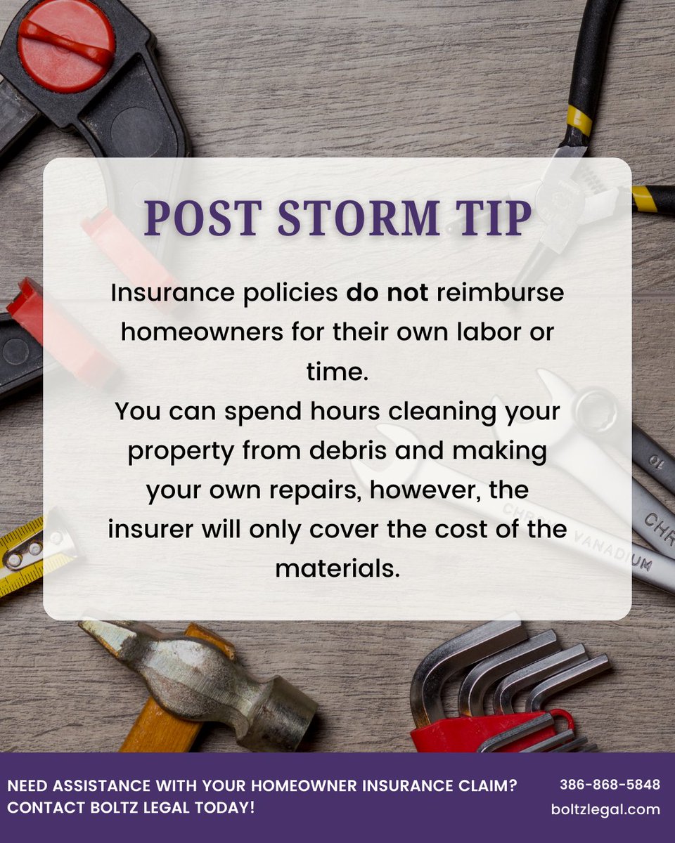 BoltzLegal's tweet image. Did hours of cleanup and DIY repairs after the storm? Unfortunately, your labor isn't covered—only materials are.

#HomeInsuranceClaim #StormDamage #BoltzLegal #FloridaHomeowners #InsuranceTips