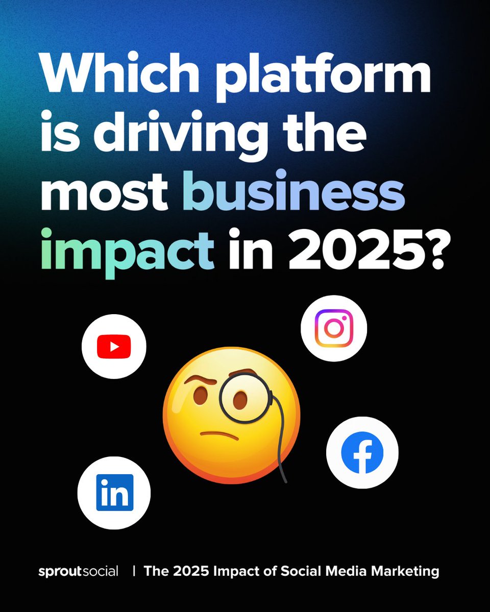 SproutSocial's tweet image. Surprised?

Our 2025 Impact of Social Media Marketing report shows Facebook is the #1 driver of business impact across all brands, with YouTube not far behind.

Grab the full report for free: bit.ly/3VSHZ95