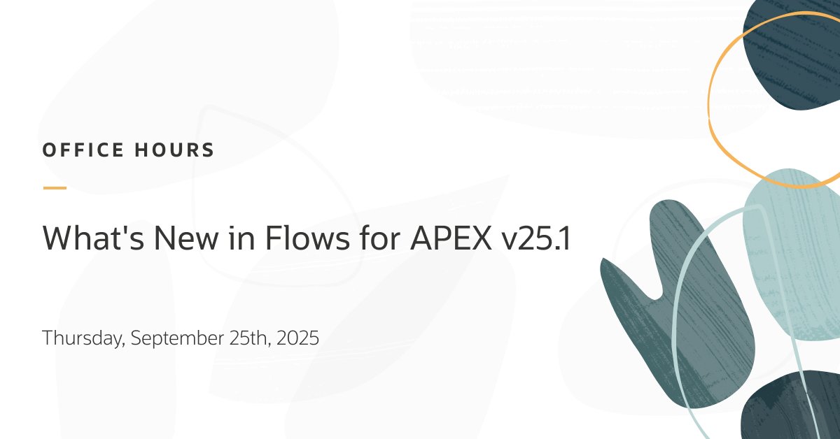 OracleAPEX's tweet image. 📌 Please join us on September 25 for the next Oracle APEX Office Hours session: What&apos;s New in Flows for APEX v25.1 – Smarter BPMN Workflows with AI, Suspend &amp;amp; Rewind!

apex.oracle.com/officehours 

#orclAPEX #LowCode