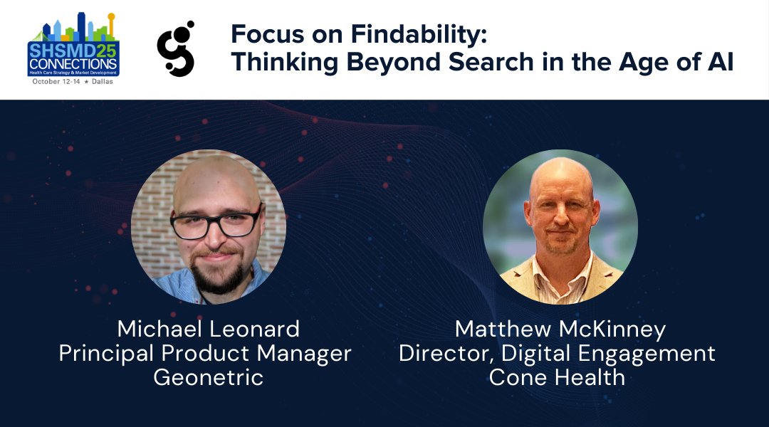 Geonetric (@geonetric) on Twitter photo Our #findability workshop with <a href="/ConeHealth/">Cone Health</a> at #SHSMDConnections has hit max capacity! 🎉
If you were unable to register in time, you can still get in on the action by checking out our episode on the Rapid Insights podcast:
hubs.ly/Q03JQDnH0
#HealthcareMarketing Our #findability workshop with <a href="/ConeHealth/">Cone Health</a> at #SHSMDConnections has hit max capacity! 🎉
If you were unable to register in time, you can still get in on the action by checking out our episode on the Rapid Insights podcast:
hubs.ly/Q03JQDnH0
#HealthcareMarketing